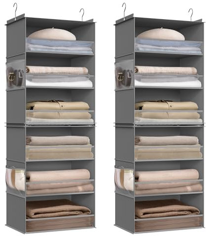 SONGMICS Hängeorganizer 2er Set, Schrank-Organizer, Hängeregal aufteilbar, Hängeaufbewahrung, faltbar und platzsparend, Metallhaken und Bambus-Einsätze, Taubengrau RCH008G01