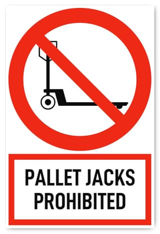 Autocollant : 300 x 200 mm, 1 pièce – Interdit aux transpalettes – Langue : anglais – Panneau d'interdiction avec texte (rouge/blanc) – Format portrait – DIN EN ISO 7010