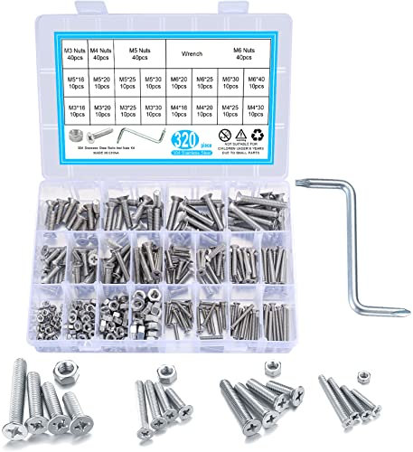 320 viti a testa svasata e dadi, assortimento di viti a croce M3 M4 M5 M6, viti in acciaio inox, viti per macchine in legno, dadi diversi strumenti di riparazione