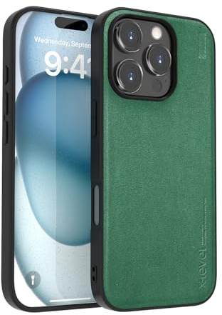 X-level for iPhone 16 Pro Leather Case, Suede Back Flexible TPU Frame Anti-Slip Shockproof Cover, Soft-Touch Retro Colors Leather Phone Case Compatible with iPhone 16 Pro, Green
