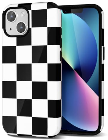 Svanove Checkered Phone Case for iPhone 14 iPhone 13 Case Plaid Lattice, Girly Cute Checkerboard Case for Women, Aesthetic Checker Print Design, Slim Thin Hard Shell Plastic Glossy Cover, Black White