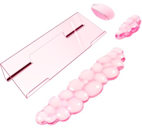 Acrylic Computer Keyboard Stand with Gel Cloud Wrist Rest Keyboard Riser with Comfortable Clear Silicone Mouse Wrist Pad Ergonomic Tilted Transparent Keyboard Holder for Desktop Office Hot Pink