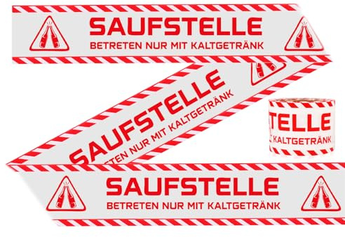 Anruzon Lustiges Party-Absperrband „Saufstelle“ Festival gadget Zubehör 50m - Party Zubehör für Malle, Festivals, JGA & Geburtstag - Camping, Bierparty-Deko, Sauf gadgets für Männer (Rot)