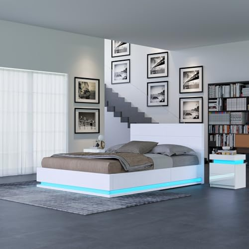Komtopod Bett 140x200 mit Stauraum, Bettgestell mit LED Beleuchtung, Doppelbettgestell Metallbett Gästebett aus Metall, für Schlafzimmer Gästezimmer (Weiß)