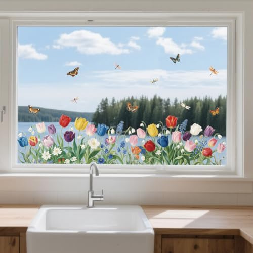 ANATTASOUL Tulpen und Schmetterlinge Fensterbilder for Frühling Sommer | Doppelseitig Blickdichter Badezimmer Fensterbilder Kinderzimmer Wiederverwendbare Fensterbilder Frühling for Winter Herbst