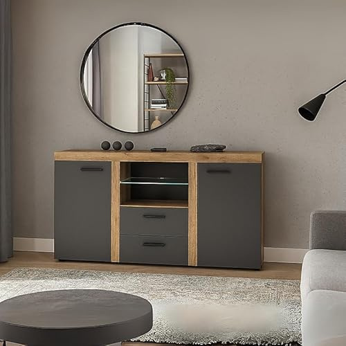 Agritrade AK RUMBA Sideboard Modern 2 Drawer Chest 157 cm Wide Durable Laminated Finish for Living or Dining Lefkas Oak Graphite