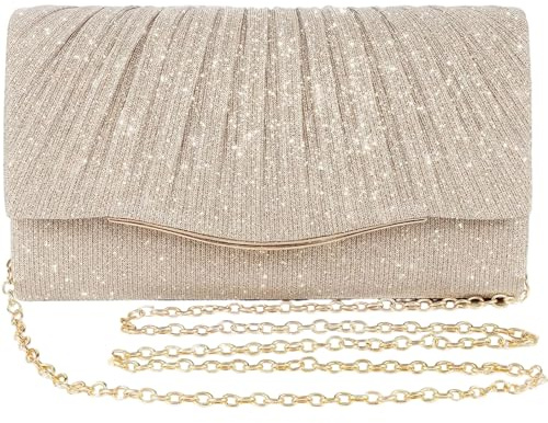 ESYFOR Clutch Beige Damen Elegant, Abendtasche für Hochzeit Modische Handtasche Glitzernde Umschlagtasche Crossbody mit Abnehmbarer Kette für Hochzeit, Party, Bankett, Feiertage