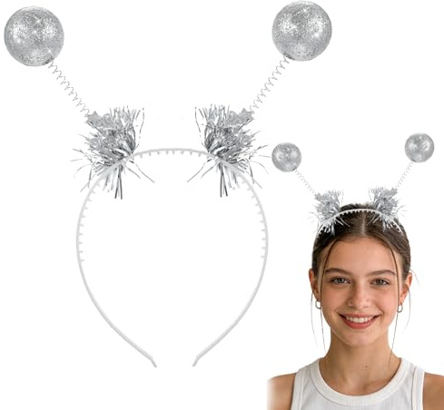 Abeillo Alien Haarreif Silber Glitzer Haarreif | Haarreifn Alien mit Schwingenden Kugeln | Party Kopfschmuck für Karneval, Fasching & Halloween