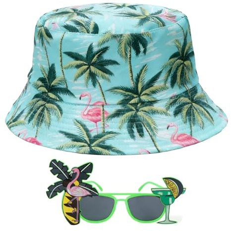 MOAZIFI 2 Stück Flamingo fischerhut lustig & Partybrille set, Perfektes hawaii outfit damen und malle outfit damen, Witzige mallorca accessoires für Sommer, Strand & Party