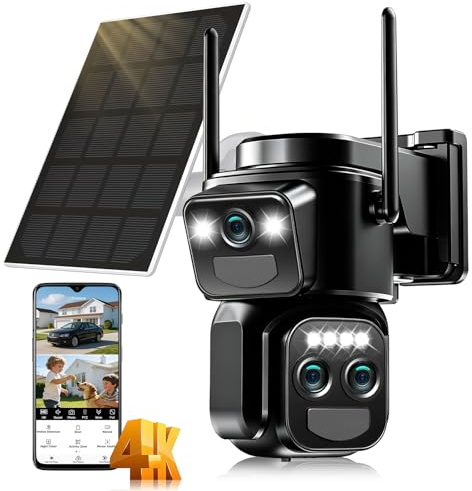 8MP Triple Lente Camara Vigilancia WiFi Exterior con Panel Solar,10X Cámara Exterior Detección Humana PIR Doble,Visión Nocturna en Color, Audio Bidireccional,Seguimiento Automático,Sirena,IP66,2.4GHz