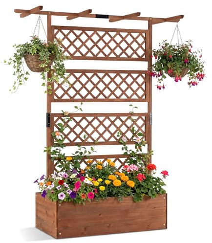 COSTWAY Blumenkasten mit Rankgitter & Dach, Pflanzkübel mit Sichtschutz, Pflanzkasten Tannenholz, Hochbeet mit Spalier, Drainagelöchern, Blumenkübel mit Rankhilfe für Kletterpflanzen, 100 x 55 x 183cm