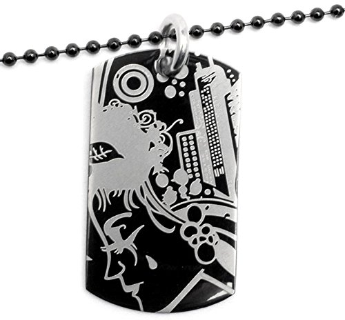 Schmuck-Checker Edelstahl DogTag Erkennungsmarke Hundemarke hochwertig schwarz Grafiti Totenkopf Flügel 60cm Kette Kugelkette (Frau mit Stadt)