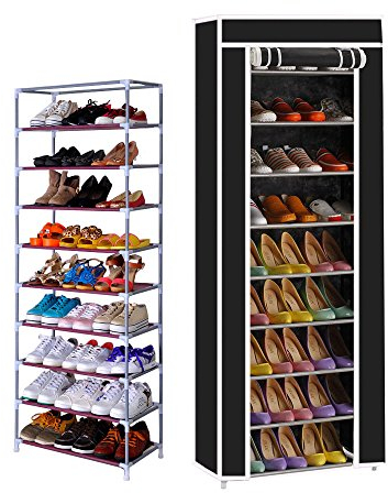 Zapatero Armario tela con cremallera entrada recibidor o garaje Estrecho y alto. 160 x 30 x 60 cm. Doble. 10 Niveles.Hasta 27 pares. Estantería organizadora de zapatos y botas. Tubos de acero.