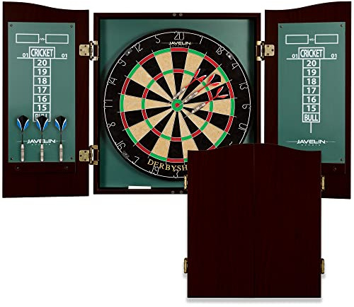 EastPoint Derbyshire Official Size Dart Board Cabinet Set - Green - Includes 6-Piece Steel Tip Darts Set - Self-Healing Sisal Fiber for Game Room Play - Built-In Chalk Scoreboards for Bar Games