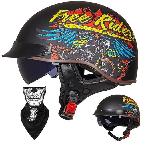 Casque Moto Demi Casque Bol Brain - Cap RéTro Harley Jet Casque Certifié ECE Cruiser Chopper Scooter Pilote Casque Lunettes IntéGréEs Unisexe Casque à DéGagement Rapide,G-L=(59~60cm)