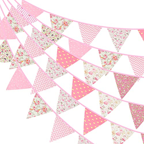 G2PLUS 12m Wimpelkette Blumen Stoff, Rosa Stoff Wimpel Girlande, Lange Gartendeko Bunting, Stoffgirlande mit 42 STK Groß Blumen Wimpeln für Haus und Garten Deokration