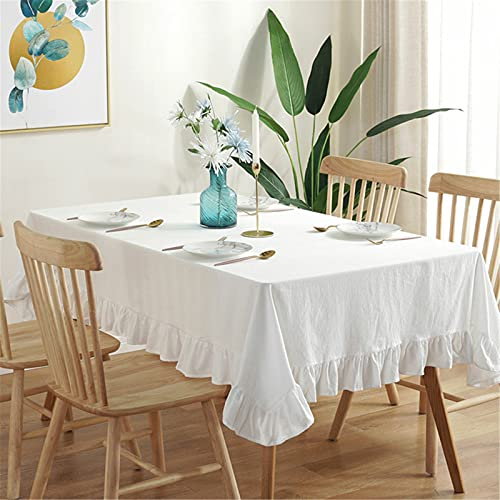 SWECOMZE Tischdecke Abwaschbar Tischdecke Baumwolle und Leinen mit Rüsche Dekoration Quadratisch Gartentischdecke Couchtisch Tischtuch Hochzeit (Weiß,140 * 200CM)