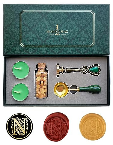 Ausgefallene Buchstaben N Wachssiegel-Stempelset, AMTOL Wachssiegel-Stempelset im europäischen Stil, Geschenkbox-Set, Vintage personalisierte Wachssiegel-Stempel für Briefkarten-Einladungen (N)