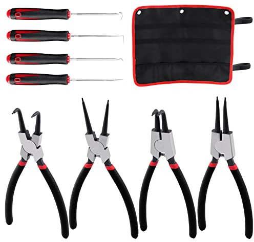 Glarks Lot de 9 pinces à anneau de 22,9 cm, 4 pinces à circlips internes/externes et 4 crochets à long manche avec 1 sac de rangement pour anneaux, tuyaux, joints