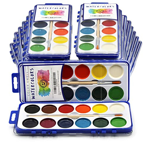 Watercolor Paint Pack with Wood Brushes 12 Washable Colors (1 Count (Pack of 36))
