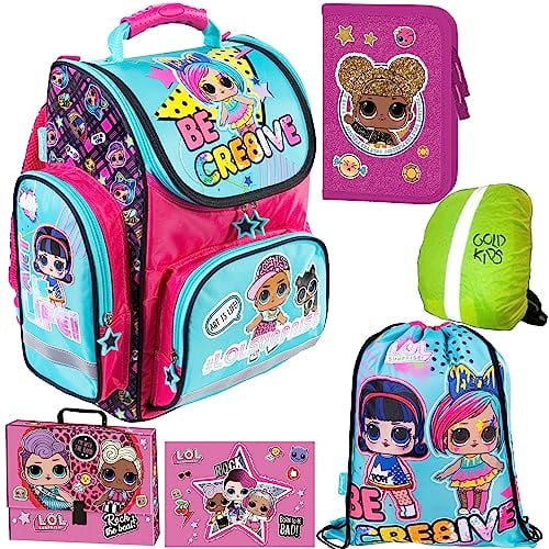 L.O.L Surprise LOL Schulranzen Set ergonomischer Ranzen Federmappe Turnbeutel Zeichenbox Schreibtischunterlage Regenhülle Mädchen 6-teilig LOL Puppen Lizenz