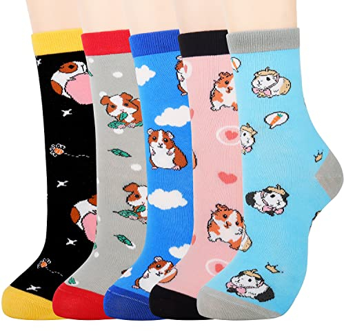 Jeasona 5 Pairs Guinea Pig Socks for Women 4-7 Cotton Cute Guinea Pig Gifts for Guinea Pig Lovers Guinea Pig Gift Ideas for Girls
