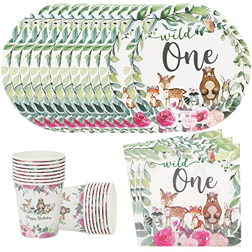 YGCHEN Partygeschirr Wild One Geburtstaggeschirr Dschungel Safari Pappbecher Pappteller Servietten Kindergeburtstag Partygeschirr Deko für 8 Personen (32 Stück)