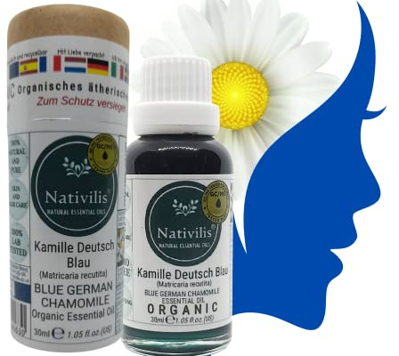 Nativilis Kamille Deutsch Blau (Matricaria recutita) Ätherisches Bio-Öl– entzündungshemmende, beruhigende, hautpflege natürliche Lösung für Haarläuse und Schuppen – Chamazulene Aromatherapie Copaiba