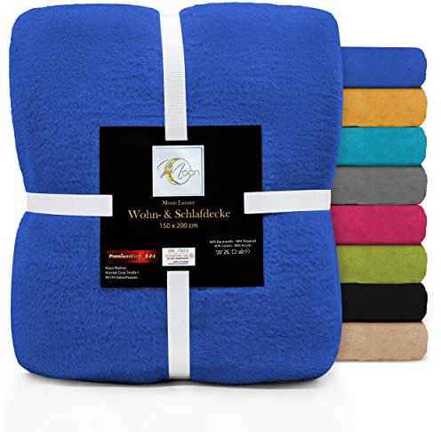Moon Luxury Kuscheldecke, Wohndecke, Uni Decke aus Baumwoll-Mix (60%/40%) ca. 150x200 cm mit geketteltem Rand (blau)