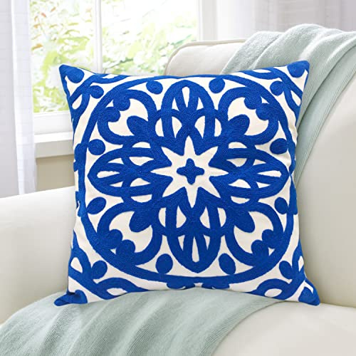 Alysheer Dekorativer Überwurf-Kissenbezug, 100% Baumwolle, Mandala, Bestickt, klassisch, schick, für Sofa, Couch, Wohnzimmer, Schlafzimmer, Königsblau, 45,7 x 45,7 cm