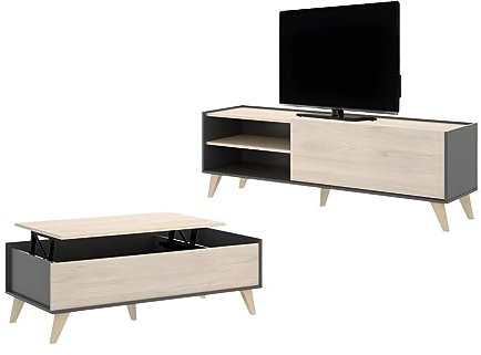 Vente-unique - Ensemble Table Basse + Meuble TV - Anthracite et chêne - Séjour scandinave KOLYMA