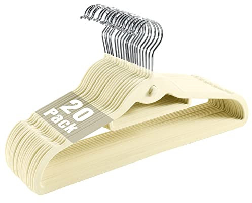 Perchas de terciopelo para ropa, apilables, antideslizantes, color beige, para ahorrar espacio, para adultos, con gancho giratorio de 360°, paquete de 20