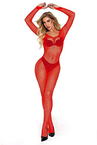 E-Laurels Body de red para mujer, medias de malla, camisón de una pieza, Rojo-W412, talla única