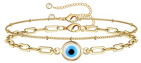 TINGN Böser Blick Armband für Frauen, 14 Karat Gold Gefüllt Handgefertigt Geschichtet Büroklammer Kettenarmband Perlenkette Rund Böser Blick Armband für Frauen Schmuck (Böser Blick & Büroklammerkette)
