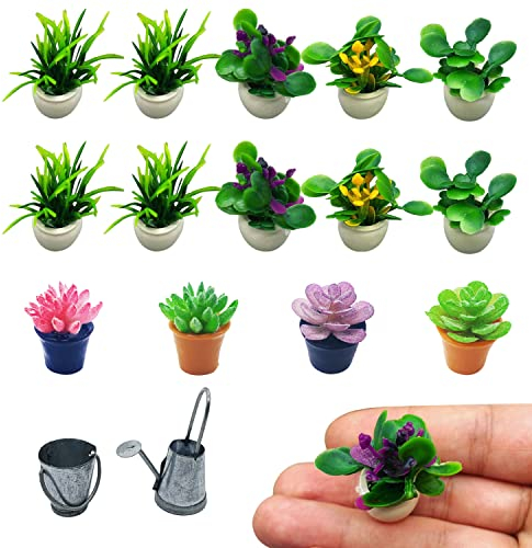 14pcs Mini Plant Pots Set, Artificial Fake Flower Pot Decoration, 1:12 Doll House Plant Model, Green Potted Garden Interior Decoration, with 1 Watering Can and 1 Bucket