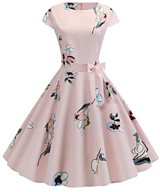 YMING Femmes Point De Vague A-Ligne Robe Audrey Hepburn Robe De Cocktail À Manches Courtes Fleurs Rose Pâle XS