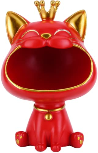 BLOOOK Lachende Katze Figuren Statue,Großer Mund Katze Aufbewahrungsbox,Maneki Neko Fortune Cat Skulptur,Glückliche Katzen Lagerung Box,Kätzchen Schlüssel Schale,Schmuck Tablett
