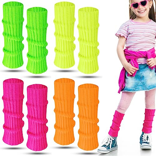 Giegxin 4 paia di scaldamuscoli al neon di Halloween per ragazze del bambino dei bambini lavorati a maglia calzini a costine 80s accessori per yoga party, Colori freschi, S