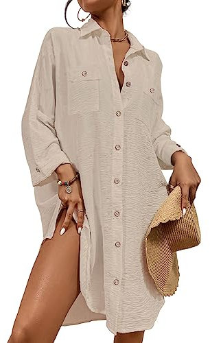Bsubseach Femme Chemise de Plage Robe Bikini Cover Up Cache Maillot de Bain Pareo Plage Chemisiers Été Manches Longues Outwear Abricot L