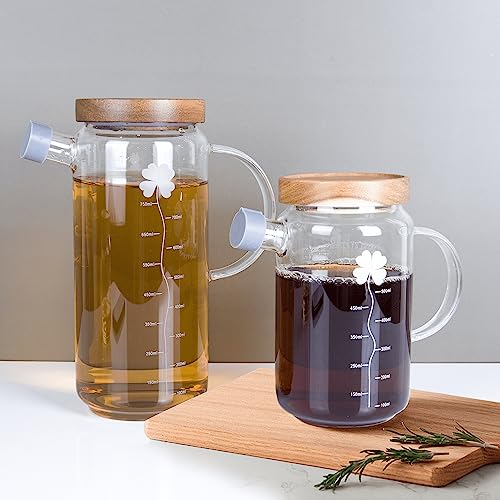 Eden & Willow Glass Olive Oil Bottle, Vinegar Cruet Bottle with Non-Drip Spout – Kitchen Cooking Oil Dispenser Drizzler with Acacia Wooden Lid and Handle (550ml, 2pcs)