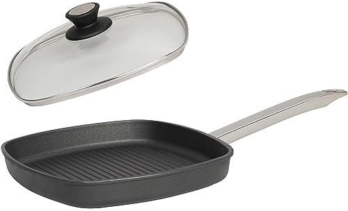 SKK 2-tlg. Grillpfanne 26x26 cm - ohne Induktion - beschichtete Aluguss Eck-Bratpfanne Edelstahl-Stiel & Deckel mit Edelstahlrand - Made in Germany