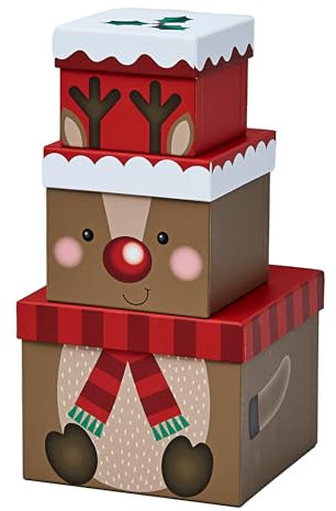 Partisan Products Set of 3 Novelty Christmas Stackable Nested Gift Boxes Present Xmas Reindeer Cardboard