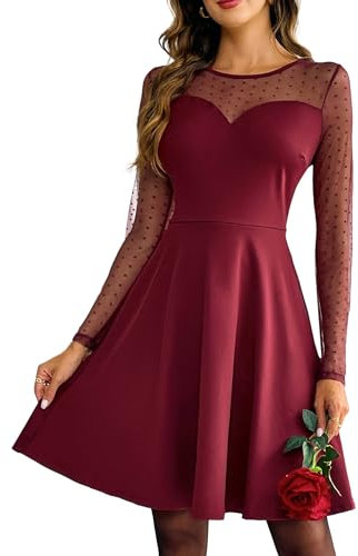 Zeagoo Kurze Kleider Damen Elegant Langarm Cocktailkleid Partykleid mit Spitzenärmel Retro Kleid Rockabilly Ball Festliche Kleider Winter Abendkleid S