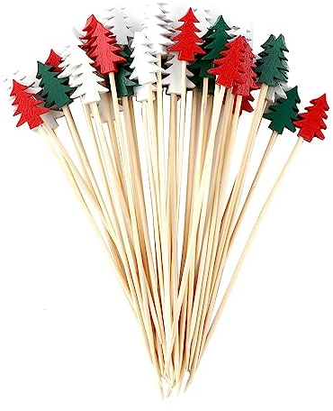 100 palillos de frutas de Navidad para postres, bufé, ensalada, palitos de frutas, sándwiches de Navidad, bambú y verduras