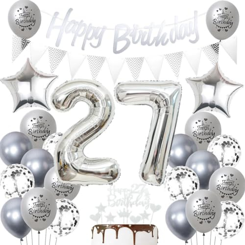 Silber 27. Geburtstag Luftballons - Dekoration für Frau und Mann - Party Deko Set mit Ballons für 27 Jahre Feier