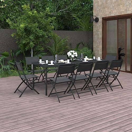 Coavain Garten-Essgruppe mit Kissen Stahl Esstisch mit Stühlen Set Gartenmöbel Sitzgruppe Gartengarnitur Stabil und Langlebig 11-TLG Witterungsbeständig und Pflegeleicht Anthrazit 190x90x74 cm