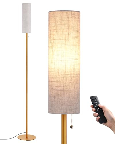 EDISHINE Stehlampe Wohnzimmer 165cm, Standleuchte LED Dimmbar, Stehleuchte mit Fernkontrolle, E27 LED-Glühbirne Inklusive, Lampenschirm aus Leinen, Vintage Leselampe für Schlafzimmer, Gold