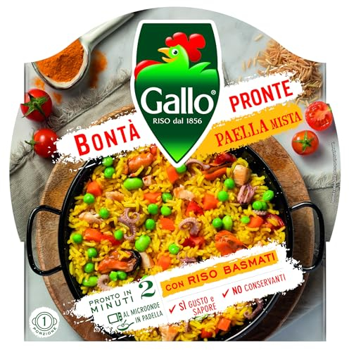 Riso Gallo Bontà Pronte Paella Mista 8 x 220gr, con Riso Basmati, 1 Porzione, Pronto in 2 Minuti al Microonde, in Padella