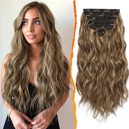BARSDAR Clip in Haarverlängerung, 50CM Lang Wellig Highlight Haarextension Clip in 6PCs Voller Kopf Dickes Synthetisches Extensions Haarteil Für Damen (Mittel Braun & Blond)