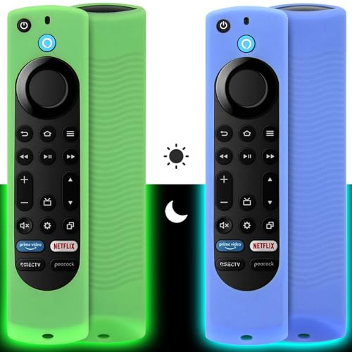 Pinowu Silikon-Schutzhülle für Fernbedienungen (Nightglow), kompatibel mit Firestick 4K Max, Insignia, Pioneer, Fire TV 4-Serie, Omni Alexa Voice Remote Enhanced mit Umhängeband, Grün und Himmelblau
